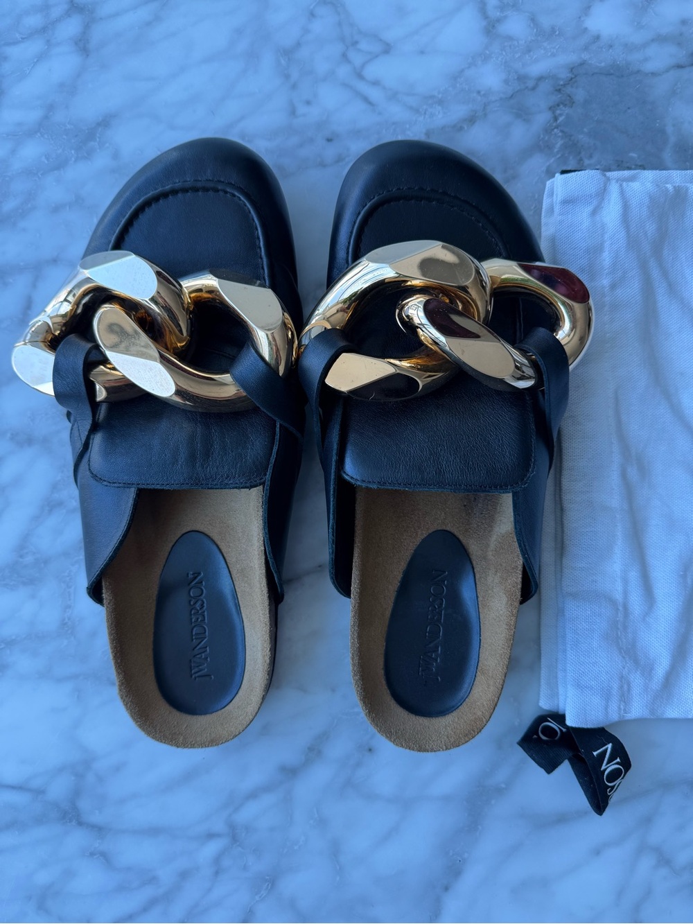 J.W. Anderson - Men’s Black Leather Mules with Oversized Gold Chain - size 42